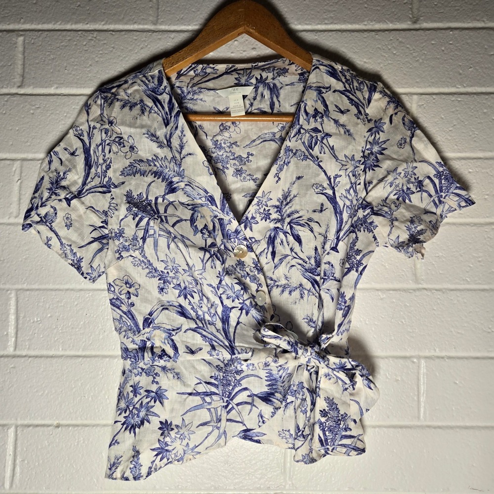 H&M Linen Wrap Top Medium Toile Floral V-Neck Short Sleeve Peplum Shell Beachy
